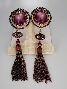 KIEN Vintage Amethyst Stones Stud Earrings with a Tassel Drop & Filagree Spacer